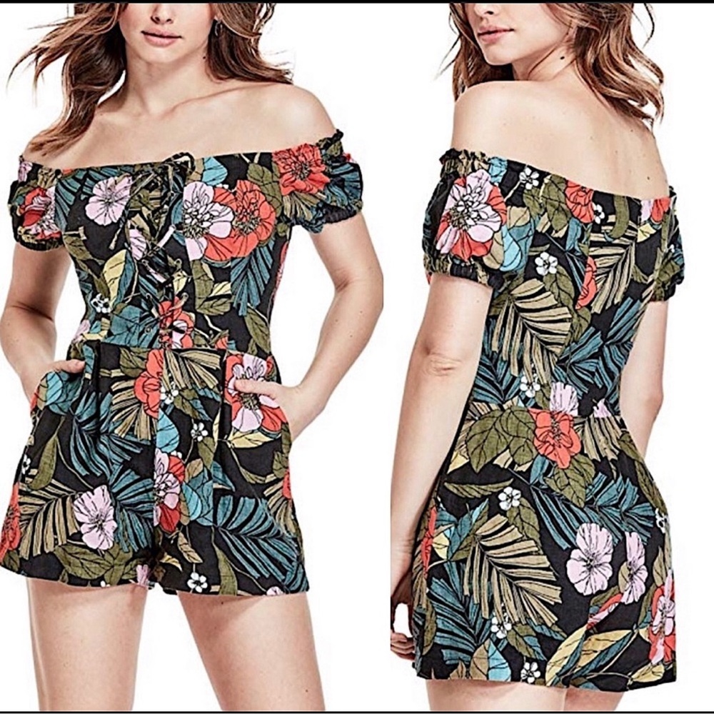 Guess Vibrant Floral Print linen Romper